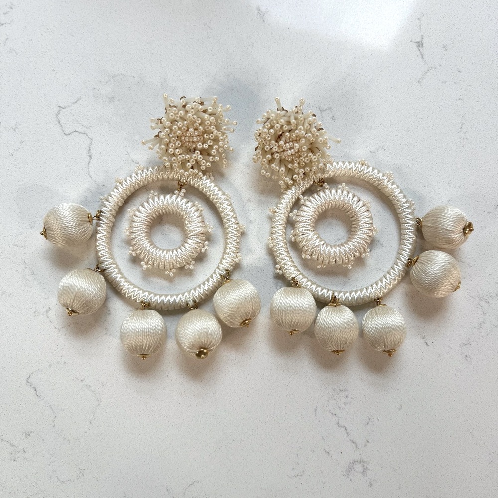 Handmade Cream Beaded Hoop Earrings